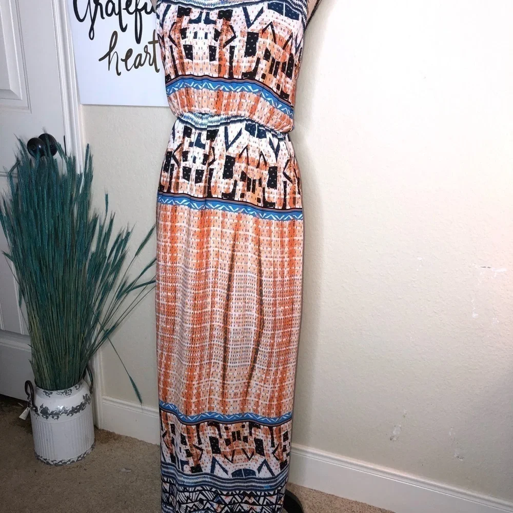 jealous tomato maxi dress Jealous Tomato Crocheted Halter Back Orange, White & Blue Maxi Dress Size  Small